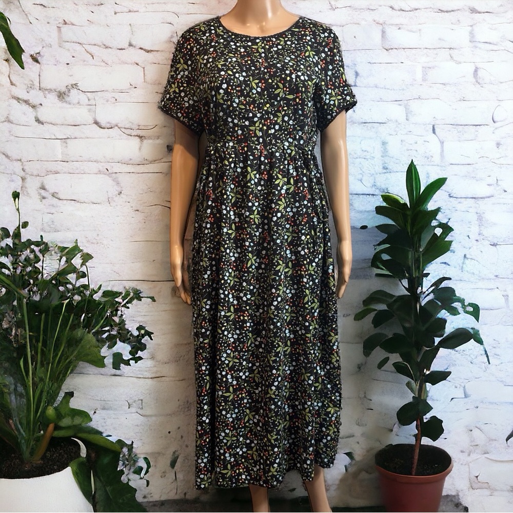 Vintage Liz Baker Pintuck Side Tying Wildflower Midi Dress